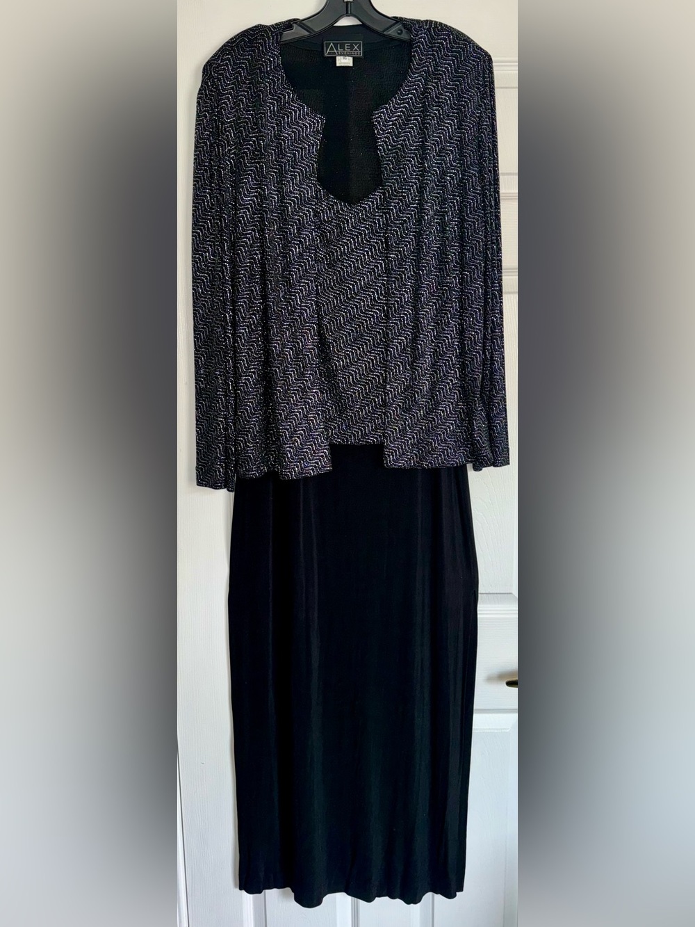 ALEX EVENINGS 2 Piece Set Black Silver Glitter Tank Dress + Jacket 16 XL FORMAL